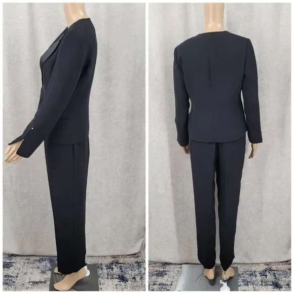 Jessica Howard Black Satin Trim Blazer Pantsuit 3 Piece Blousr Pants Jacket - Picture 11 of 16